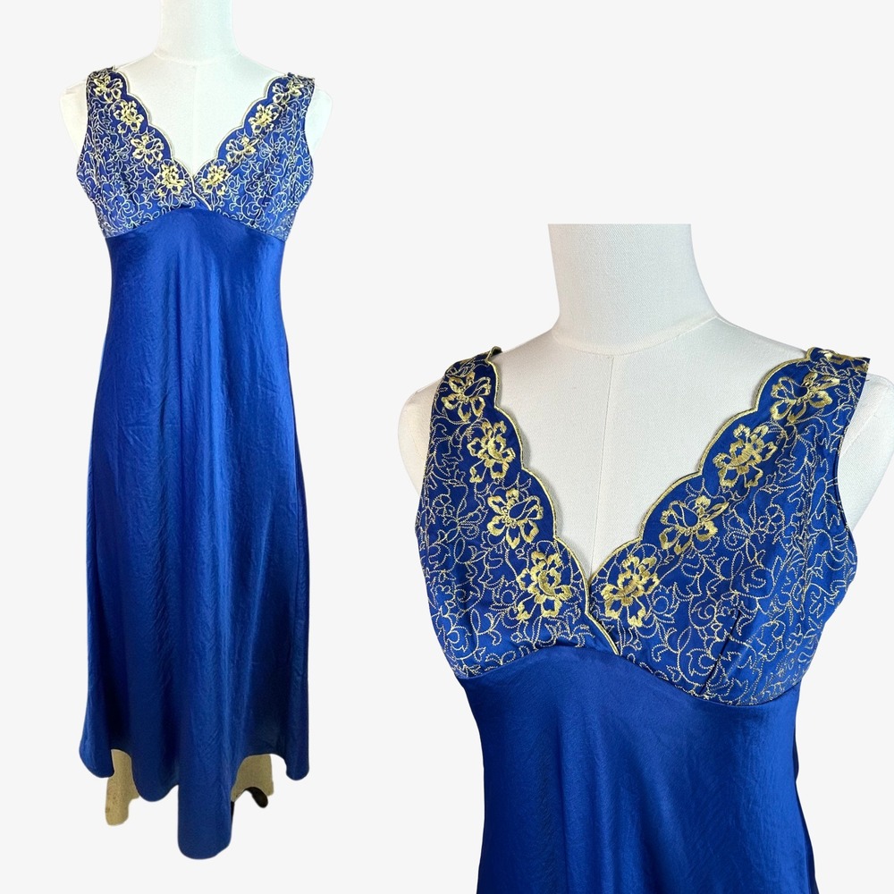 Y2K Cabernet Royal Blue Satin Gold Embroidered Midi Dress S Nightgown Lingerie